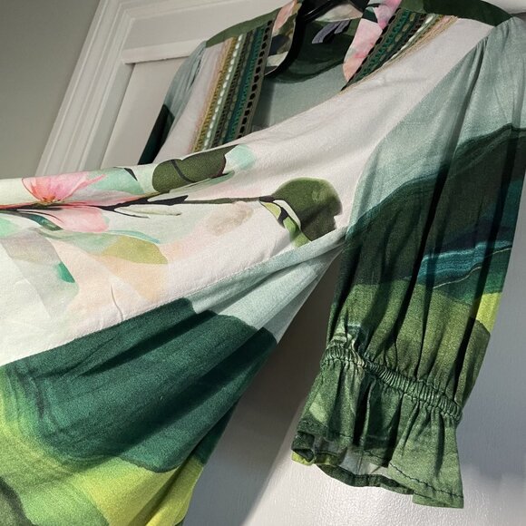 Anthropologie Bl^Nk London Stephanie Top Size XXS Green Floral V Neck Blouse 2 - Picture 9 of 15